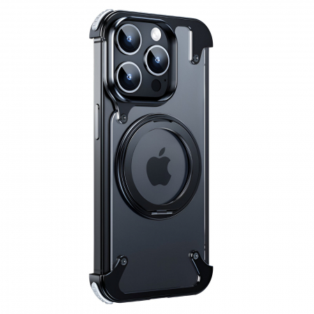 GSM - Husa de Protectie Compatibil cu iPhone 15 Pro Max, Flippy, Incarcare Wireless, Tehnologie Magsafe, Inel Magnetic Rotativ 360 cu Functie de Suport, Rama Metalica, Carcasa din PC, Negru Transparent