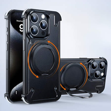 Husa de Protectie Compatibil cu iPhone 15 Pro Max, Flippy, Incarcare Wireless, Tehnologie Magsafe, Inel Magnetic Rotativ 360 cu Functie de Suport, Rama Metalica, Carcasa din Piele, Negru [2]