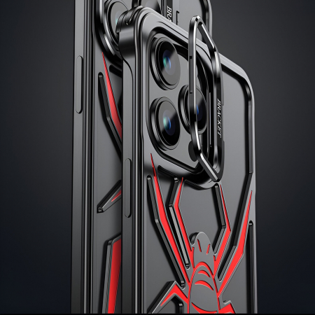 Husa de Protectie Compatibila iPhone 15 Pro, cu Suport Metalic pentru Camera, Armor Protective Series, Flippy, Antisoc, Protectie de Metal pe Margini, Model Paianjen, Negru Rosu [11]