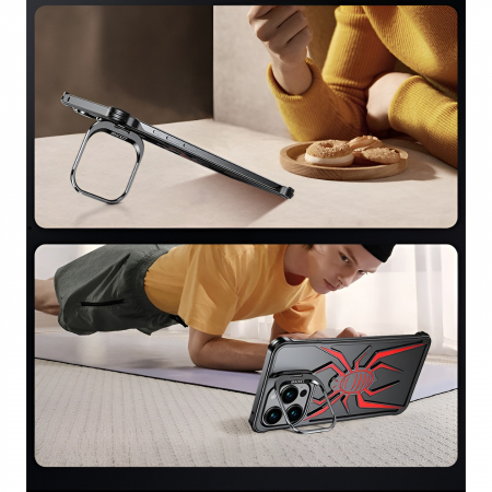Husa de Protectie Compatibila iPhone 15 Pro, cu Suport Metalic pentru Camera, Armor Protective Series, Flippy, Antisoc, Protectie de Metal pe Margini, Model Paianjen, Negru Rosu [5]