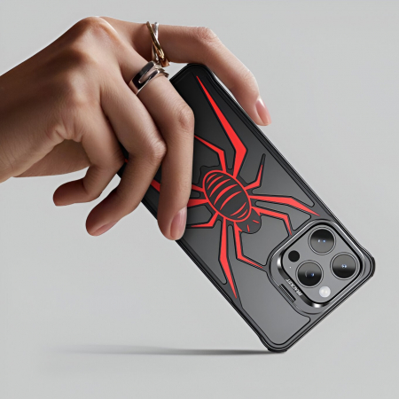 Husa de Protectie Compatibila iPhone 15 Pro, cu Suport Metalic pentru Camera, Armor Protective Series, Flippy, Antisoc, Protectie de Metal pe Margini, Model Paianjen, Negru Rosu [10]
