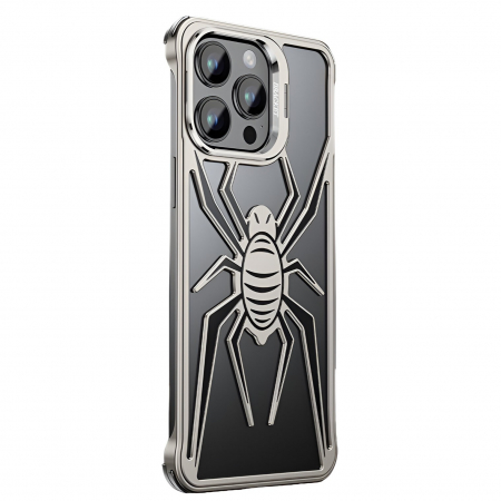 GSM - Husa de Protectie Compatibila iPhone 15 Pro, cu Suport Metalic pentru Camera, Armor Protective Series, Flippy, Antisoc, Protectie de Metal pe Margini, Model Paianjen, Negru Gri