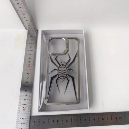 Husa de Protectie Compatibila iPhone 15 Pro, cu Suport Metalic pentru Camera, Armor Protective Series, Flippy, Antisoc, Protectie de Metal pe Margini, Model Paianjen, Negru Gri [3]