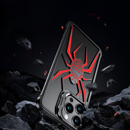 Husa de Protectie Compatibila iPhone 15 Pro, cu Suport Metalic pentru Camera, Armor Protective Series, Flippy, Antisoc, Protectie de Metal pe Margini, Model Paianjen, Negru Rosu [6]