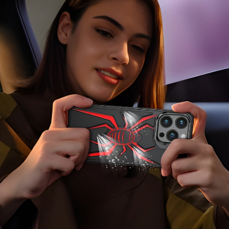 Husa de Protectie Compatibila iPhone 15 Pro, cu Suport Metalic pentru Camera, Armor Protective Series, Flippy, Antisoc, Protectie de Metal pe Margini, Model Paianjen, Negru Rosu [2]