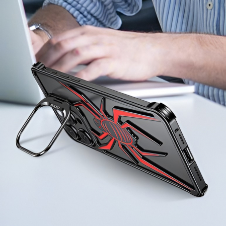 Husa de Protectie Compatibila iPhone 15 Pro, cu Suport Metalic pentru Camera, Armor Protective Series, Flippy, Antisoc, Protectie de Metal pe Margini, Model Paianjen, Negru Rosu [3]