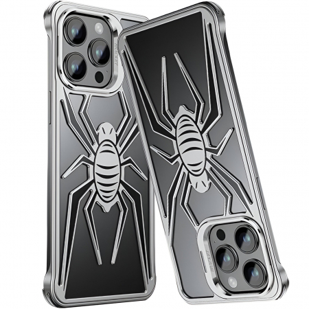 Husa de Protectie Compatibila iPhone 15 Pro Max, cu Suport Metalic pentru Camera, Armor Protective Series, Flippy, Antisoc, Protectie de Metal pe Margini, Model Paianjen, Negru Gri [2]