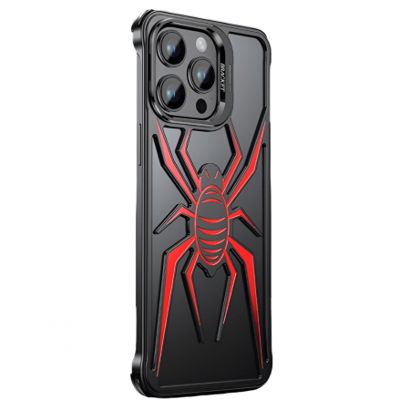 GSM - Husa de Protectie Compatibila iPhone 15 Pro Max, cu Suport Metalic pentru Camera, Armor Protective Series, Flippy, Antisoc, Protectie de Metal pe Margini, Model Paianjen, Negru Rosu