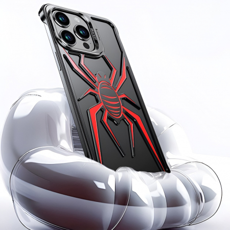 Husa de Protectie Compatibila iPhone 15 Pro Max, cu Suport Metalic pentru Camera, Armor Protective Series, Flippy, Antisoc, Protectie de Metal pe Margini, Model Paianjen, Negru Rosu [3]