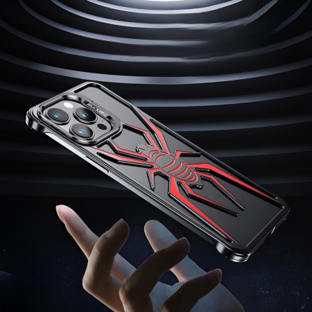Husa de Protectie Compatibila iPhone 15 Pro Max, cu Suport Metalic pentru Camera, Armor Protective Series, Flippy, Antisoc, Protectie de Metal pe Margini, Model Paianjen, Negru Rosu [7]