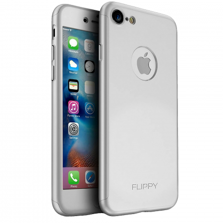 GSM - Husa de protectie Flippy Premium Full Cover 360 pentru Apple iPhone 7 Argintiu cu Folie sticla inclusa