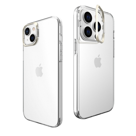Sub 99 Lei - Husa de protectie pentru iPhone 14, cu suport metalic pentru camera, Bracket Series, Flippy, Protectie Antisoc, PC mat, silicon moale pe margini, Transparent