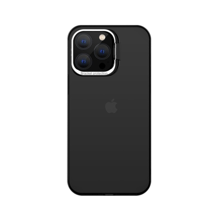 Sub 99 Lei - Husa de protectie pentru iPhone 14 Plus, cu suport metalic pentru camera, Bracket Series, Flippy, Protectie Antisoc, PC mat, silicon moale pe margini, Negru