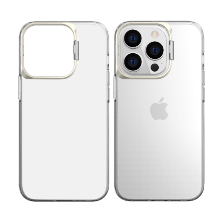 Sub 99 Lei - Husa de protectie pentru iPhone 14 Plus, cu suport metalic pentru camera, Bracket Series, Flippy, Protectie Antisoc, PC mat, silicon moale pe margini, Transparent