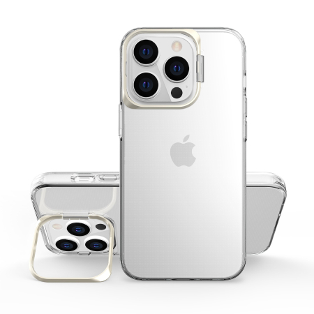 Sub 99 Lei - Husa de protectie pentru iPhone 14 Pro Max, cu suport metalic pentru camera, Bracket Series, Flippy, Protectie Antisoc, PC mat, silicon moale pe margini, Transparent