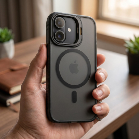 Husa de Protectie Telefon, Flippy, Compatibila cu iPhone 17 , MagSafe, Acrylic, Suport Metalic Protectie Camera, Anti-Soc, Negru [1]