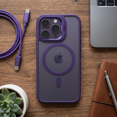 Husa de Protectie Telefon, Flippy, Compatibila cu iPhone 17 Pro, MagSafe, Acrylic, Suport Metalic Protectie Camera, Anti-Soc, Mov Inchis [3]