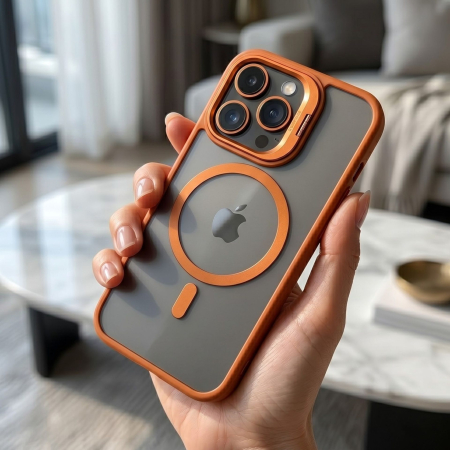 Husa de Protectie Telefon, Flippy, Compatibila cu iPhone 17 Pro Max, MagSafe, Acrylic, Suport Metalic Protectie Camera, Anti-Soc, Portocaliu [4]