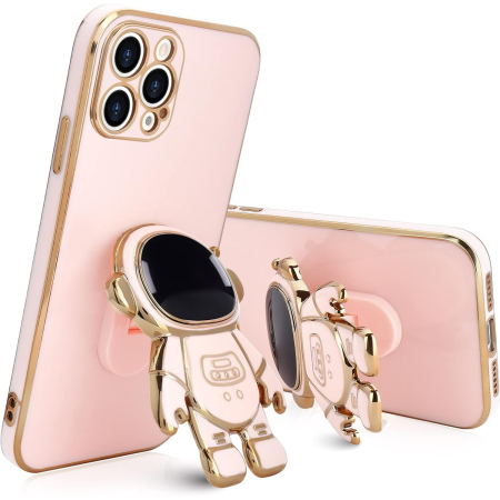 Sub 99 Lei - Husa de Protectie TPU 2in1, Flippy, pentru Apple iPhone 14 Pro Max, Astronaut cu Suport, Antisoc, Rezistenta la Impact, Protectie Camera, Roz