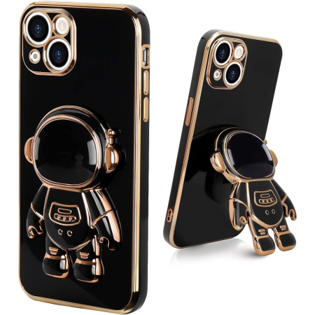 Sub 99 Lei - Husa de Protectie TPU 2in1, Flippy, pentru Apple iPhone 15 Plus, Astronaut cu Suport, Antisoc, Rezistenta la Impact, Protectie Camera, Negru