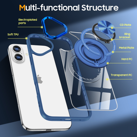 Husa de Protectie TPU, Flippy, pentru iPhone 16, cu Incarcare Wireless, Tehnologie Magsafe, Inel Magnetic Rotativ cu Functie de Suport, Transparent-Albastru Inchis [4]