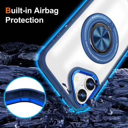 Husa de Protectie TPU, Flippy, pentru iPhone 16, cu Incarcare Wireless, Tehnologie Magsafe, Inel Magnetic Rotativ cu Functie de Suport, Transparent-Albastru Inchis [2]