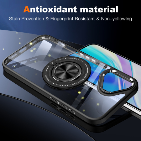 Husa de Protectie TPU, Flippy, pentru iPhone 16 Plus, Anticadere, cu Incarcare Wireless, Tehnologie Magsafe, Inel Magnetic Rotativ cu Functie de Suport, Transparent-Negru [6]
