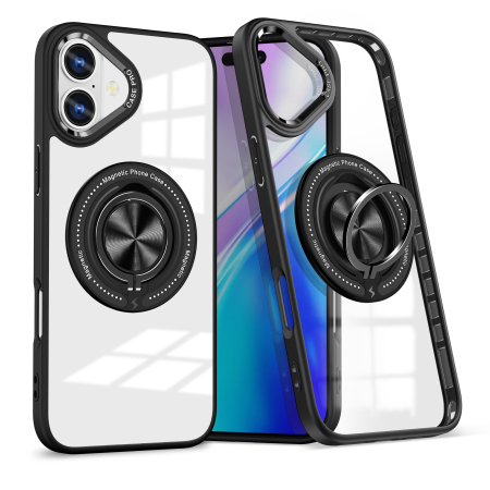 Sub 99 Lei - Husa de Protectie TPU, Flippy, pentru iPhone 16 Plus, Anticadere, cu Incarcare Wireless, Tehnologie Magsafe, Inel Magnetic Rotativ cu Functie de Suport, Transparent-Negru