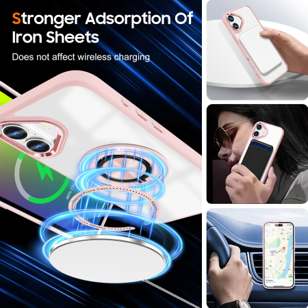 Husa de Protectie TPU, Flippy, pentru iPhone 16 Plus, Anticadere, cu Incarcare Wireless, Tehnologie Magsafe, Inel Magnetic Rotativ cu Functie de Suport, Transparent-Roz [3]
