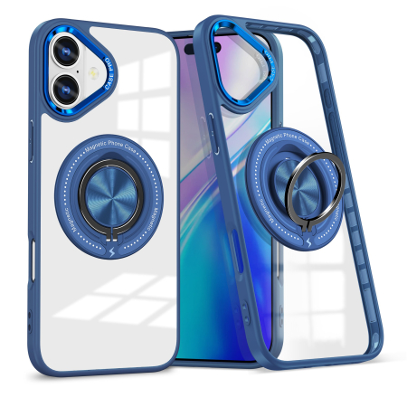 Sub 99 Lei - Husa de Protectie TPU, Flippy, pentru iPhone 16 Plus, cu Incarcare Wireless, Tehnologie Magsafe, Inel Magnetic Rotativ cu Functie de Suport, Transparent-Albastru Inchis