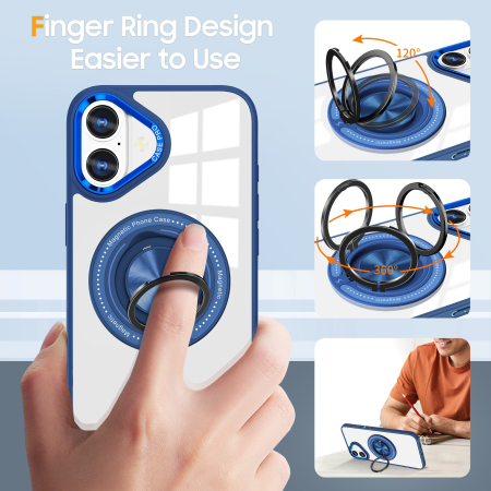Husa de Protectie TPU, Flippy, pentru iPhone 16 Plus, cu Incarcare Wireless, Tehnologie Magsafe, Inel Magnetic Rotativ cu Functie de Suport, Transparent-Albastru Inchis [5]