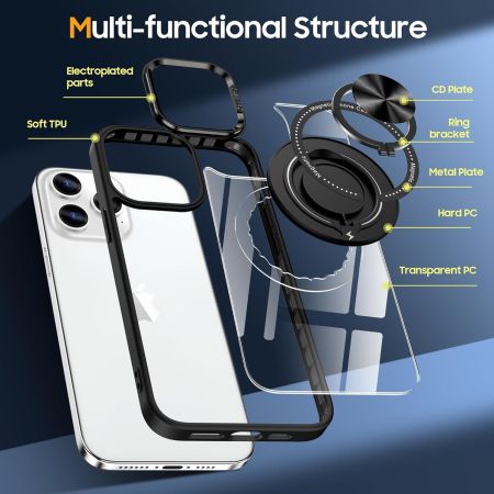 Husa de Protectie TPU, Flippy, pentru iPhone 16 Pro, Anticadere, cu Incarcare Wireless, Tehnologie Magsafe, Inel Magnetic Rotativ cu Functie de Suport, Transparent-Negru [5]
