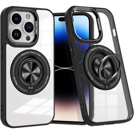 Sub 99 Lei - Husa de Protectie TPU, Flippy, pentru iPhone 16 Pro, Anticadere, cu Incarcare Wireless, Tehnologie Magsafe, Inel Magnetic Rotativ cu Functie de Suport, Transparent-Negru