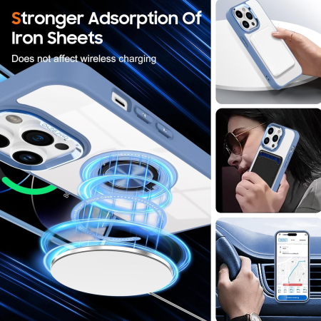 Husa de Protectie TPU, Flippy, pentru iPhone 16 Pro, Anticadere, cu Incarcare Wireless, Tehnologie Magsafe, Inel Magnetic Rotativ cu Functie de Suport, Transparent-Albastru Deschis [4]