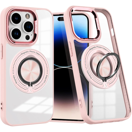Sub 99 Lei - Husa de Protectie TPU, Flippy, pentru iPhone 16 Pro, Anticadere, cu Incarcare Wireless, Tehnologie Magsafe, Inel Magnetic Rotativ cu Functie de Suport, Transparent-Roz