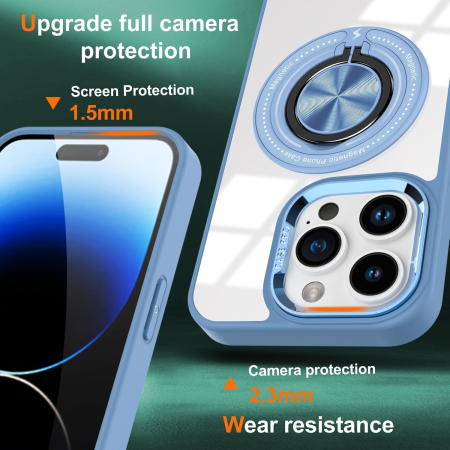Husa de Protectie TPU, Flippy, pentru iPhone 16 Pro, Anticadere, cu Incarcare Wireless, Tehnologie Magsafe, Inel Magnetic Rotativ cu Functie de Suport, Transparent-Albastru Deschis [2]