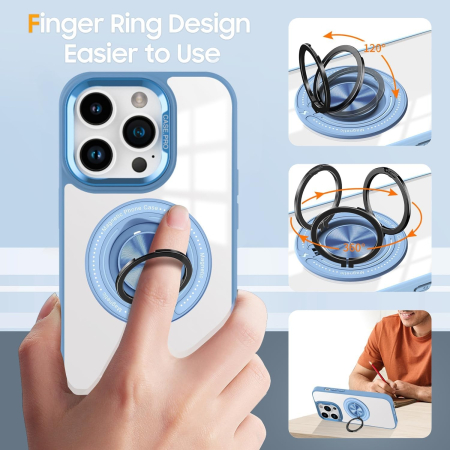 Husa de Protectie TPU, Flippy, pentru iPhone 16 Pro, Anticadere, cu Incarcare Wireless, Tehnologie Magsafe, Inel Magnetic Rotativ cu Functie de Suport, Transparent-Albastru Deschis [3]