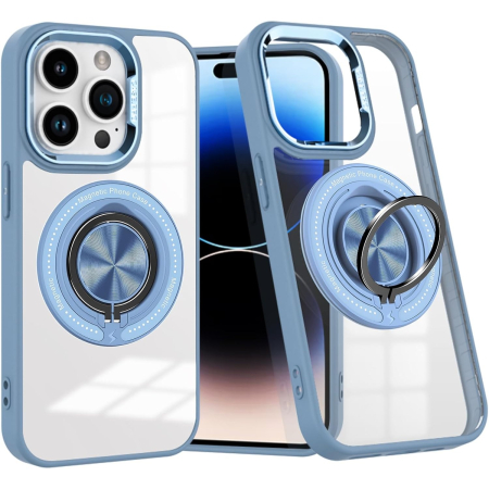 Sub 99 Lei - Husa de Protectie TPU, Flippy, pentru iPhone 16 Pro, Anticadere, cu Incarcare Wireless, Tehnologie Magsafe, Inel Magnetic Rotativ cu Functie de Suport, Transparent-Albastru Deschis