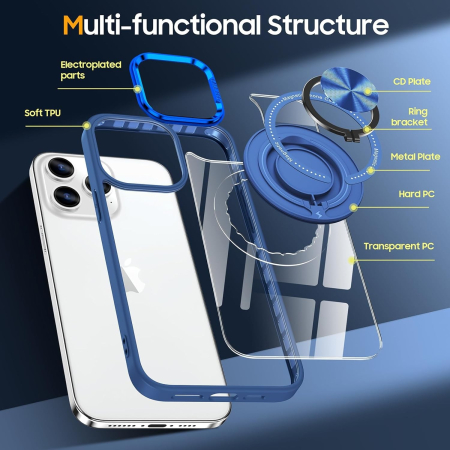 Husa de Protectie TPU, Flippy, pentru iPhone 16 Pro, cu Incarcare Wireless, Tehnologie Magsafe, Inel Magnetic Rotativ cu Functie de Suport, Transparent-Albastru Inchis [3]