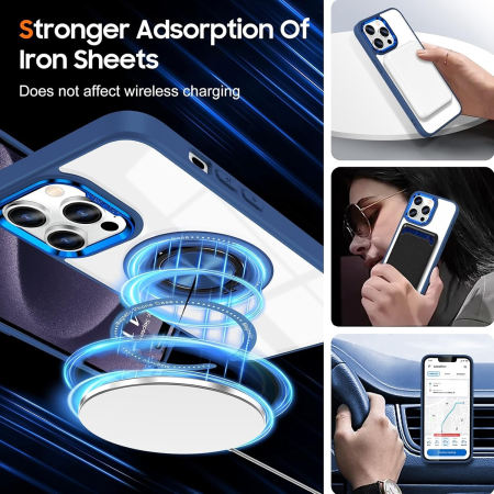 Husa de Protectie TPU, Flippy, pentru iPhone 16 Pro, cu Incarcare Wireless, Tehnologie Magsafe, Inel Magnetic Rotativ cu Functie de Suport, Transparent-Albastru Inchis [5]