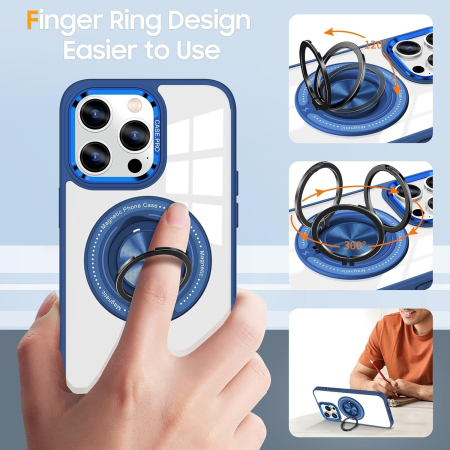Husa de Protectie TPU, Flippy, pentru iPhone 16 Pro, cu Incarcare Wireless, Tehnologie Magsafe, Inel Magnetic Rotativ cu Functie de Suport, Transparent-Albastru Inchis [4]