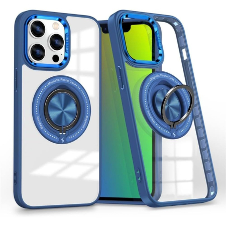 Sub 99 Lei - Husa de Protectie TPU, Flippy, pentru iPhone 16 Pro Max, cu Incarcare Wireless, Tehnologie Magsafe, Inel Magnetic Rotativ cu Functie de Suport, Transparent-Albastru Inchis