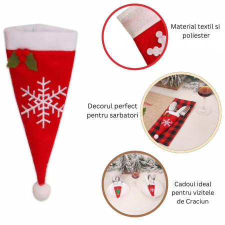 Husa decorativa festiva pentru 3 tacamuri Flippy, model caciulita cu fulg, material textil si poliester, 18 x 7 cm, rosu [4]