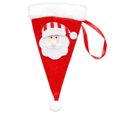 Decoratiuni, ornamente si articole Craciun - Husa decorativa festiva pentru 3 tacamuri Flippy, model caciulita cu Mos Craciun, material textil si poliester, 19 x 10 cm, rosu
