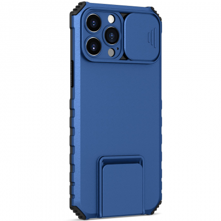 GSM - Husa Defender cu Stand pentru iPhone 11 Pro Max, Albastru, Suport reglabil, Antisoc, Protectie glisanta pentru camera, Flippy