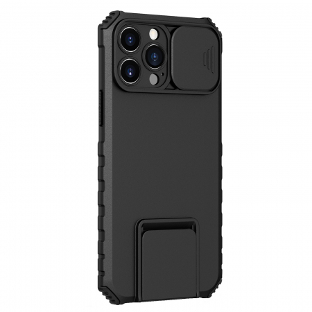 GSM - Husa Defender cu Stand pentru iPhone 12, Negru, Suport reglabil, Antisoc, Protectie glisanta pentru camera, Flippy