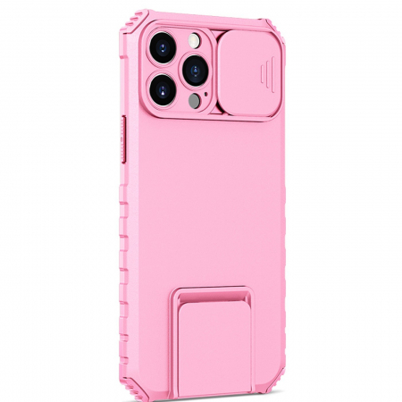 GSM - Husa Defender cu Stand pentru iPhone 12, Roz, Suport reglabil, Antisoc, Protectie glisanta pentru camera, Flippy