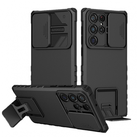 Husa Defender cu Stand pentru Samsung Galaxy S24 FE, Flippy, Suport reglabil, Antisoc, Protectie glisanta pentru camera, Negru [1]