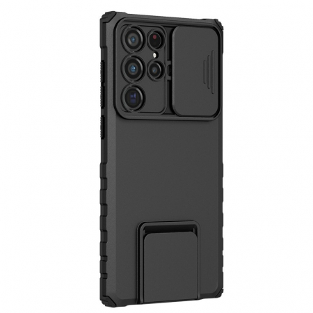 GSM - Husa Defender cu Stand pentru Samsung Galaxy S24 FE, Flippy, Suport reglabil, Antisoc, Protectie glisanta pentru camera, Negru