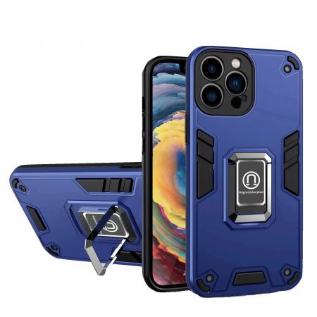 GSM - Husa Iron Warriors pentru iPhone 14 Pro Max, Flippy, Hybrid Ring Holder Kickstand, Albastru inchis